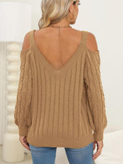 Cable-Knit V-Neck Long Sleeve Sweater - Trendsi