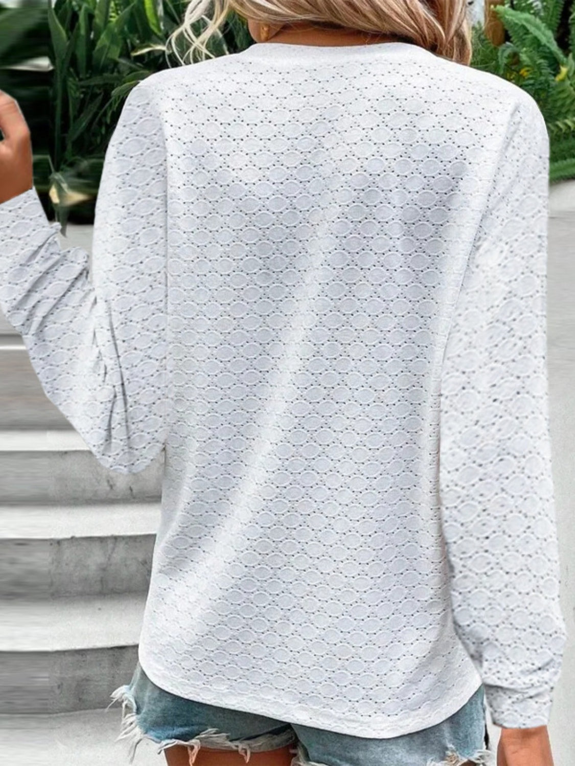 Eyelet Notched Long Sleeve T-Shirt - Flyclothing LLC