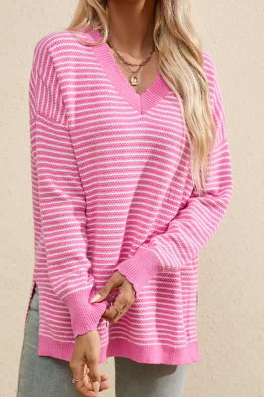 Striped V-Neck Dropped Shoulder Sweater