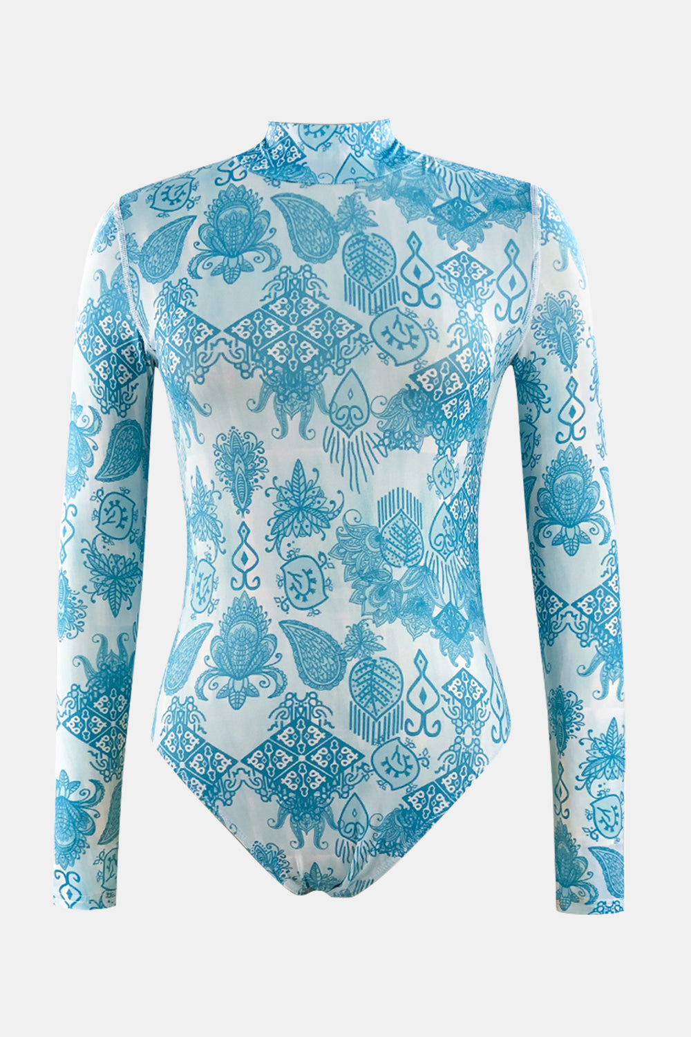 Printed Mock Neck Long Sleeve One-Piece Swimwear - Flyclothing LLC