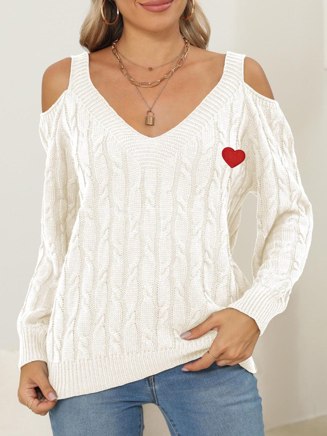 Cable-Knit Heart V-Neck Sweater - Trendsi