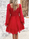 Smocked Polka Dot Long Sleeve Dress - Flyclothing LLC