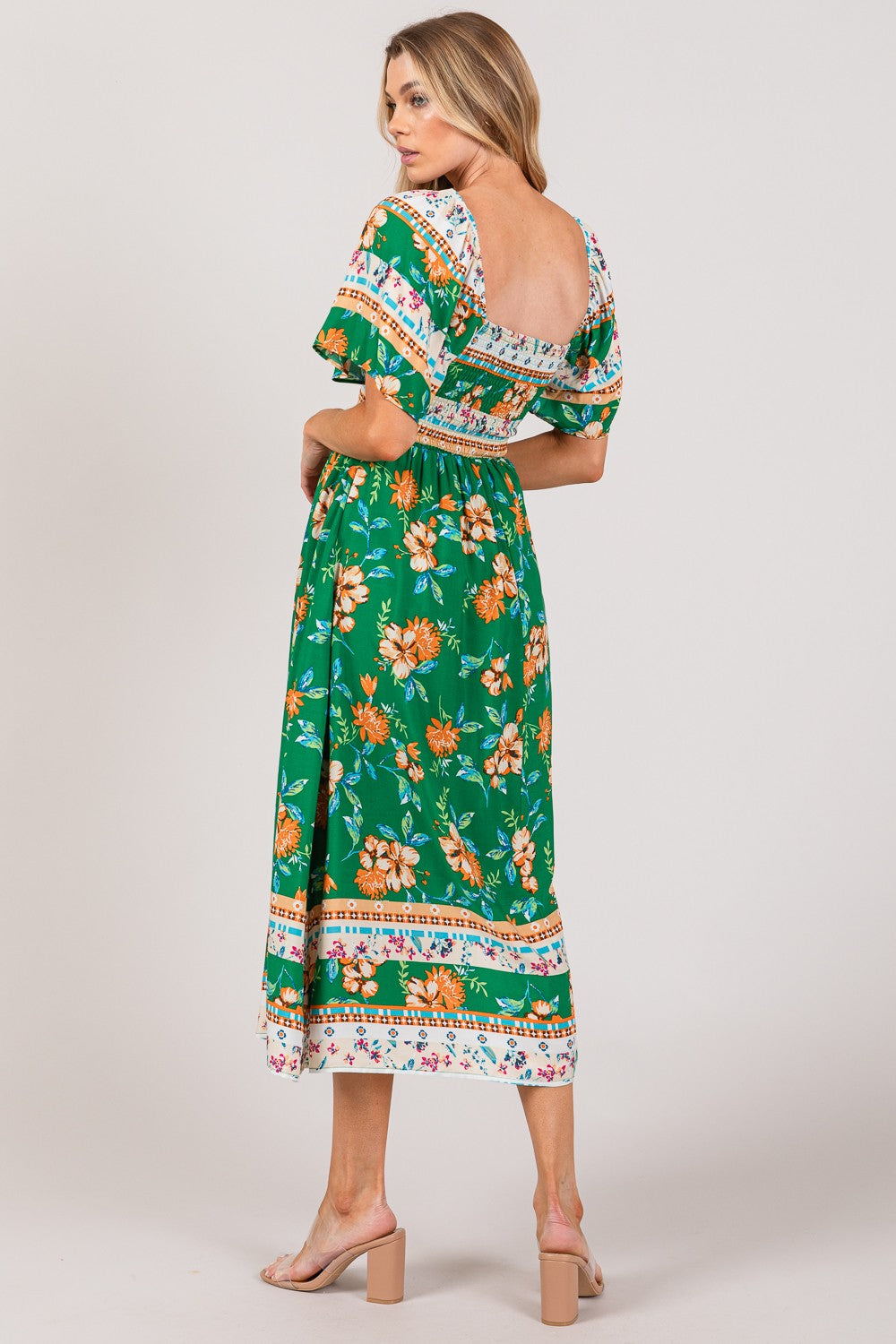 SAGE + FIG Printed Smocked Short Sleeve Midi Dress Trendsi