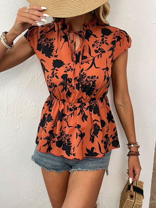 Printed Tie Neck Cap Sleeve Blouse Trendsi