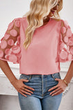 Applique Round Neck Half Sleeve Blouse - Flyclothing LLC