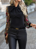 Printed Tie Neck Long Sleeve Blouse - Flyclothing LLC