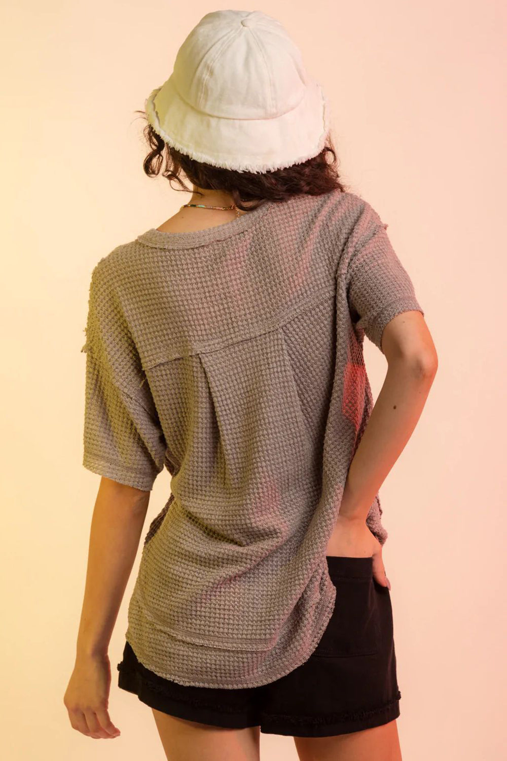 Waffle-Knit Notched Half Sleeve T-Shirt Trendsi