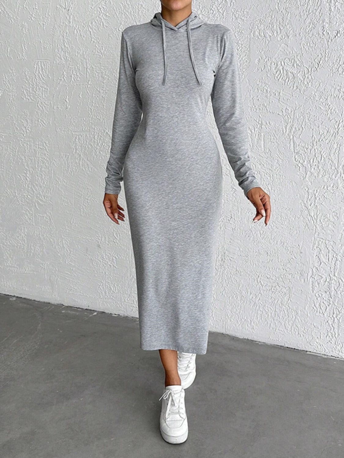 Drawstring Long Sleeve Hooded Midi Dress - Trendsi