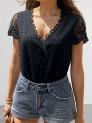 Swiss Dot Lace Detail V-Neck Cap Sleeve Blouse Trendsi