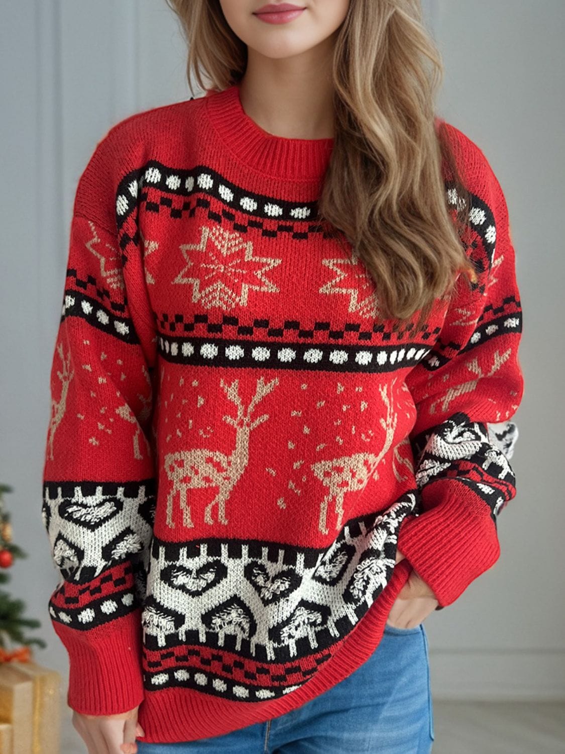 Christmas Element Round Neck Long Sleeve Sweater - Trendsi