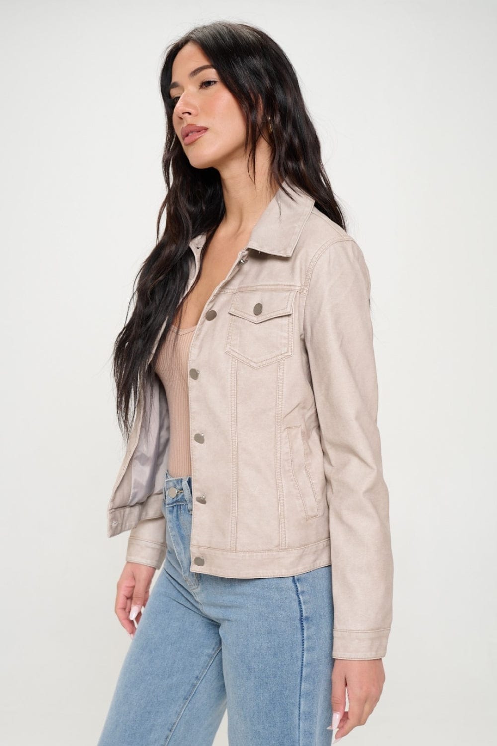 Coalition LA Button Down Cargo Vegan Leather Shacket - Trendsi