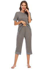 Round Neck Short Sleeve Top and Capris Pants Lounge Set - Flyclothing LLC