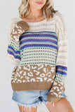 Leopard Striped Round Neck Crochet Knit Top - Trendsi