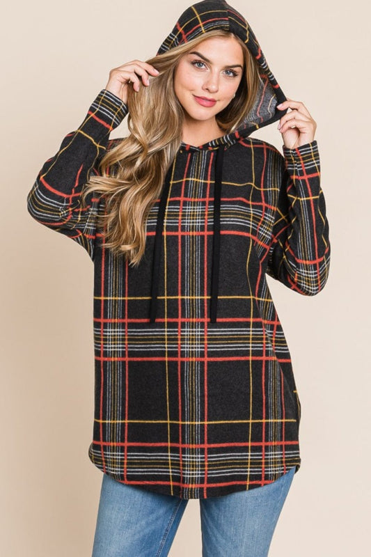 BOMBOM Drawstring Plaid Long Sleeve Hoodie - Trendsi