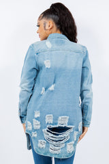 American Bazi Distressed Button Up Long Sleeve Denim Jacket - Trendsi