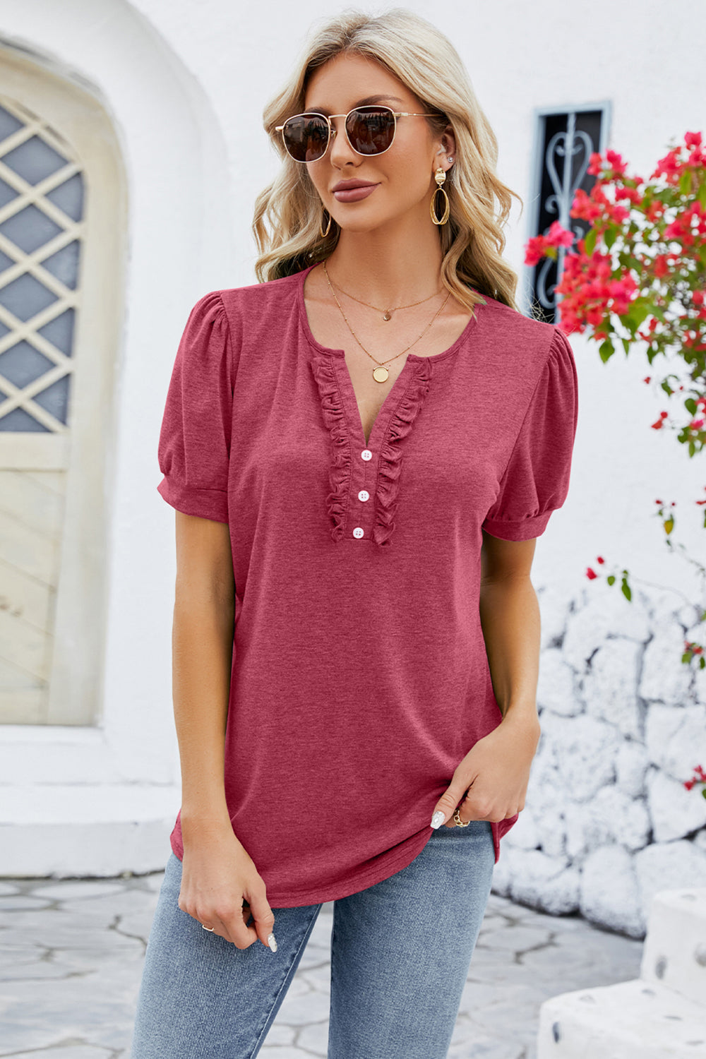 Frill Notched Short Sleeve Blouse - Flyclothing LLC