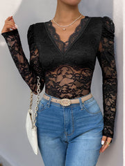 Perfee Lace V-Neck Long Sleeve Bodysuit