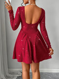 Backless Glitter Square Neck Long Sleeve Mini Dress - Trendsi