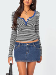 Buttoned Striped Long Sleeve T-Shirt - Trendsi