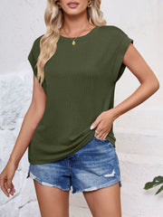 Textured Round Neck Cap Sleeve Blouse Trendsi