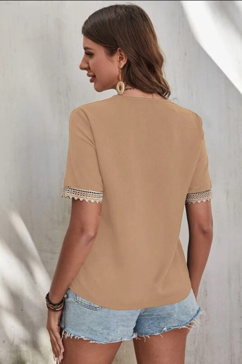 Full Size Lace Detail V-Neck Short Sleeve Blouse