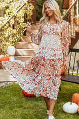 Full Size Printed V-Neck Lantern Sleeve Midi Dress