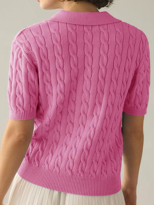 Cable-Knit Collared Neck Half Sleeve Sweater - Trendsi