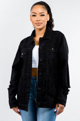 American Bazi Full Size Button Up Distressed Denim Jacket - Trendsi