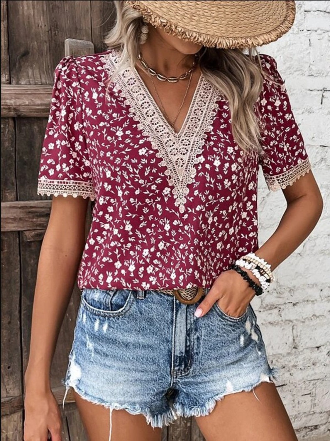 Full Size Printed V-Neck Short Sleeve Blouse - Flyclothing LLC