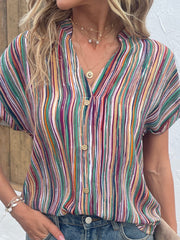 Striped Notched Short Sleeve Blouse Trendsi