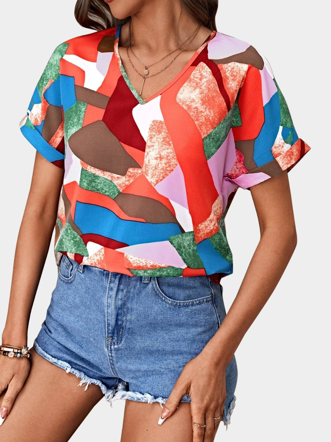 Printed V-Neck Short Sleeve Blouse - Flyclothing LLC