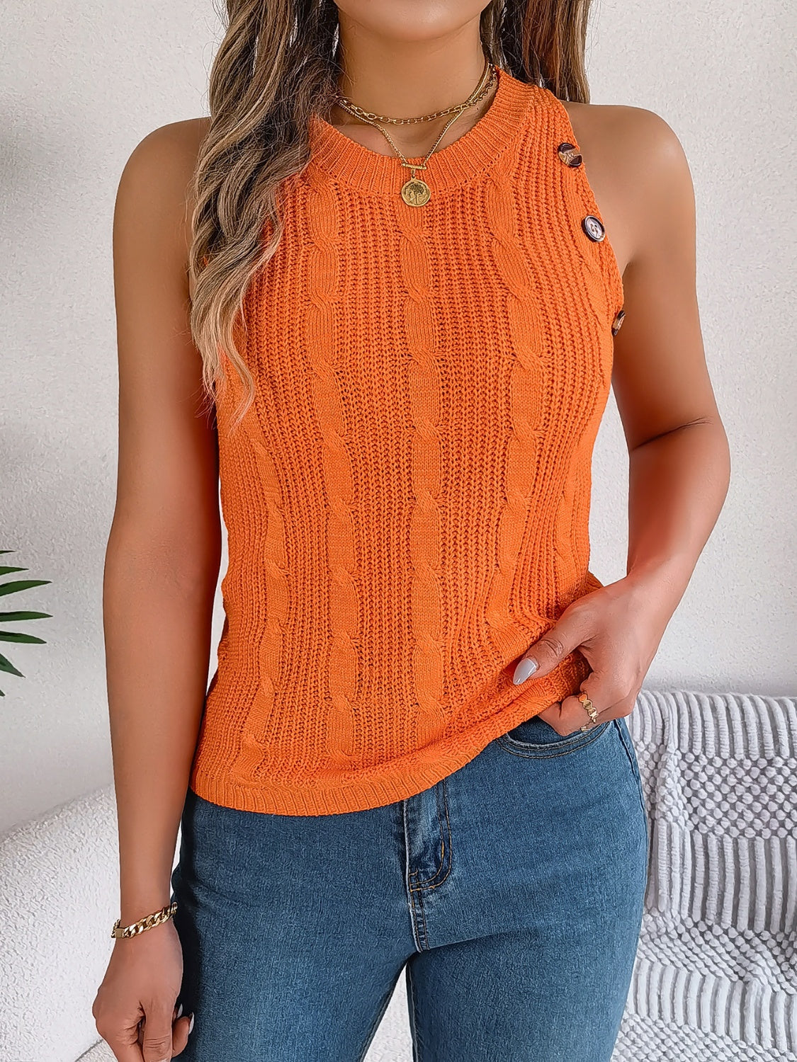 Cable-Knit Round Neck Vest Trendsi