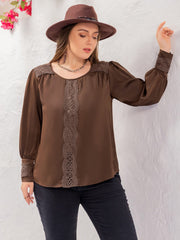 Plus Size Lace Detail Round Neck Long Sleeve Blouse - Trendsi