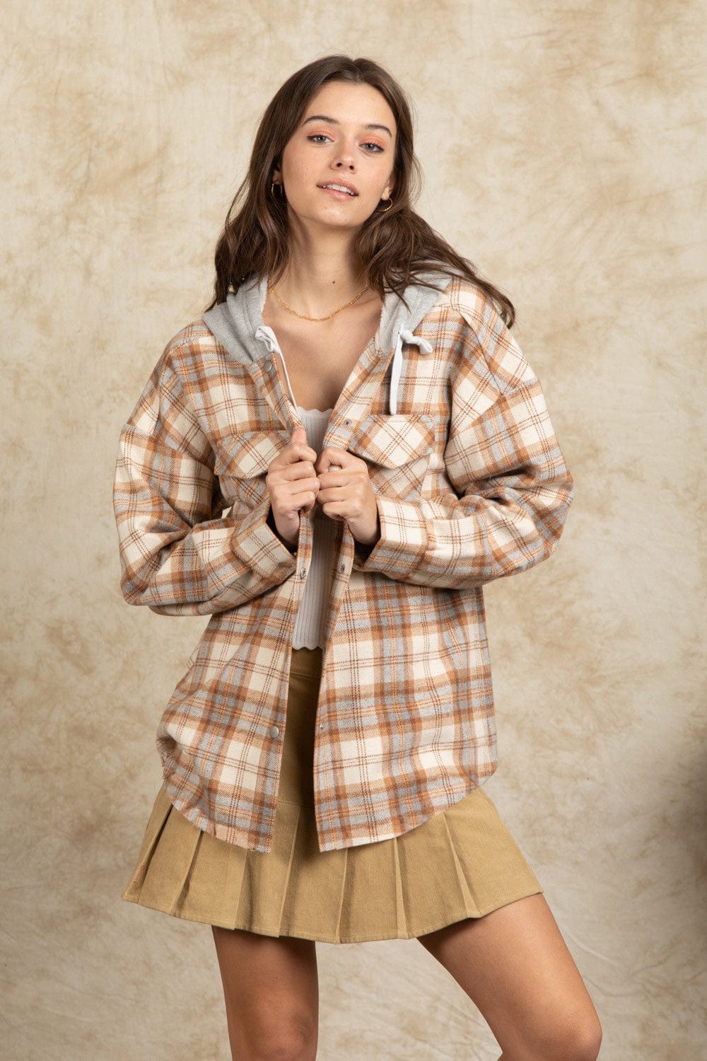 Drawstring Plaid Long Sleeve Hooded Jacket - Trendsi