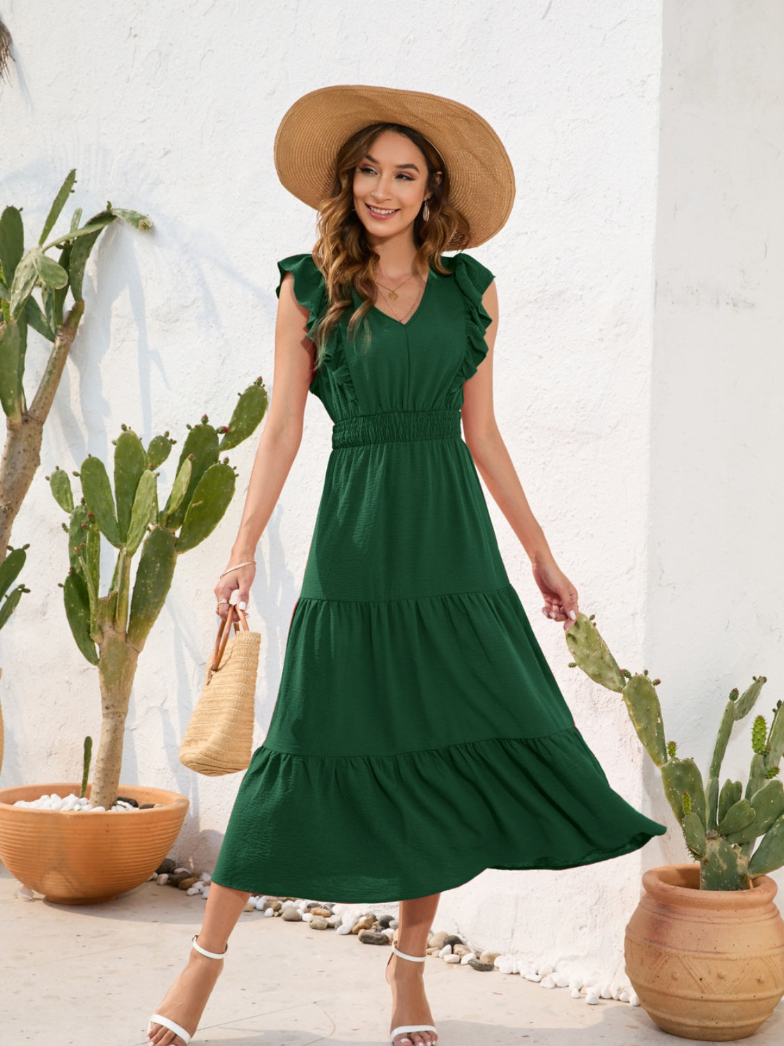 Tiered Ruffled V-Neck Cap Sleeve Dress - Flyclothing LLC