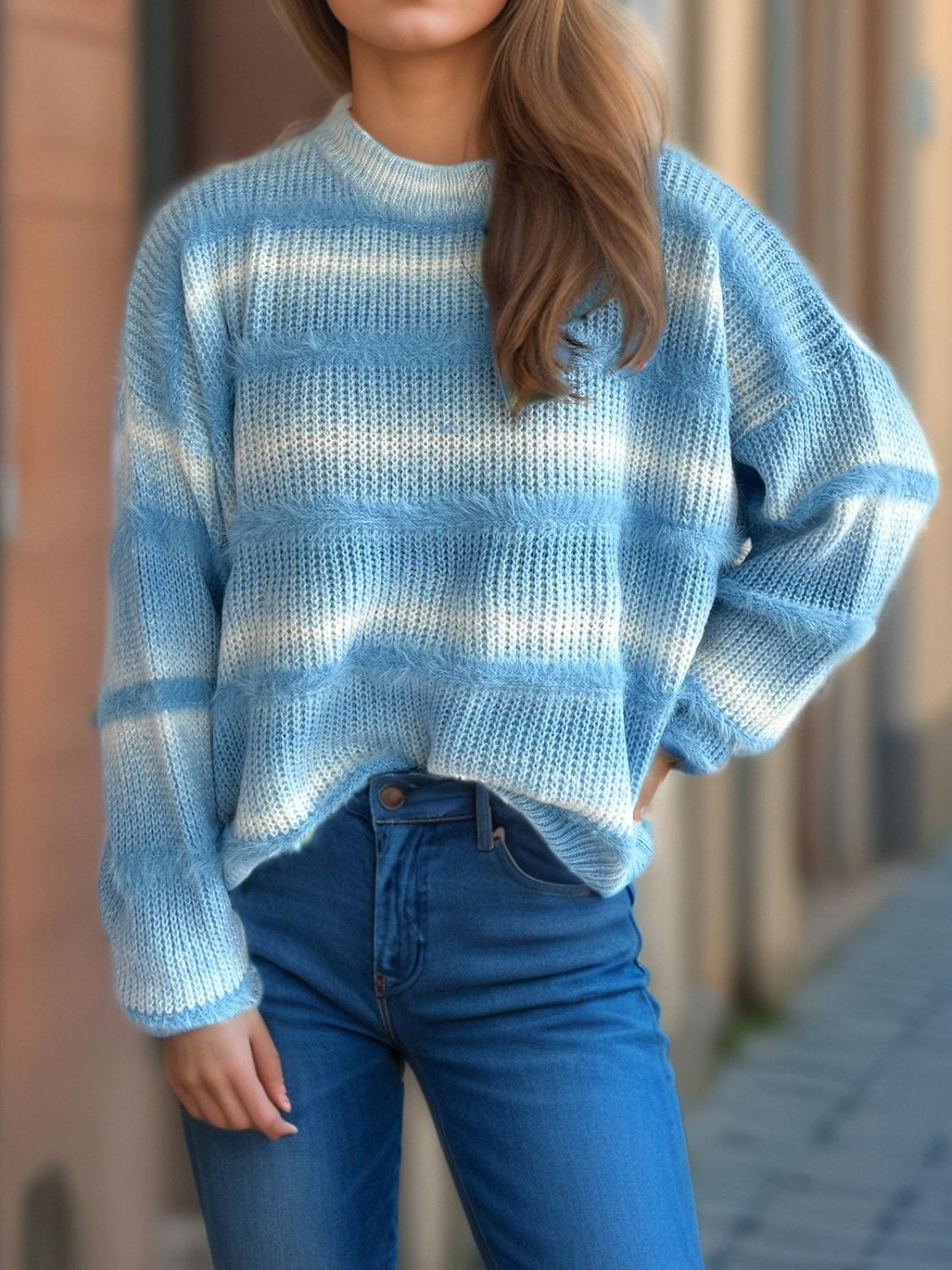 Gradient Round Neck Dropped Shoulder Sweater - Trendsi