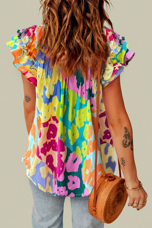 Ruffled Printed Tie Neck Cap Sleeve Blouse Trendsi