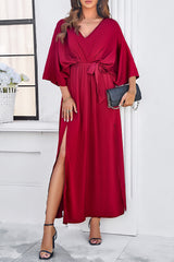 Slit Tied V-Neck Three-Quarter Sleeve Dress - Flyclothing LLC