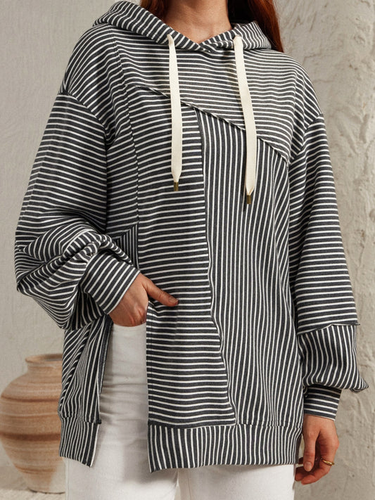 Slit Drawstring Striped Long Sleeve Hoodie