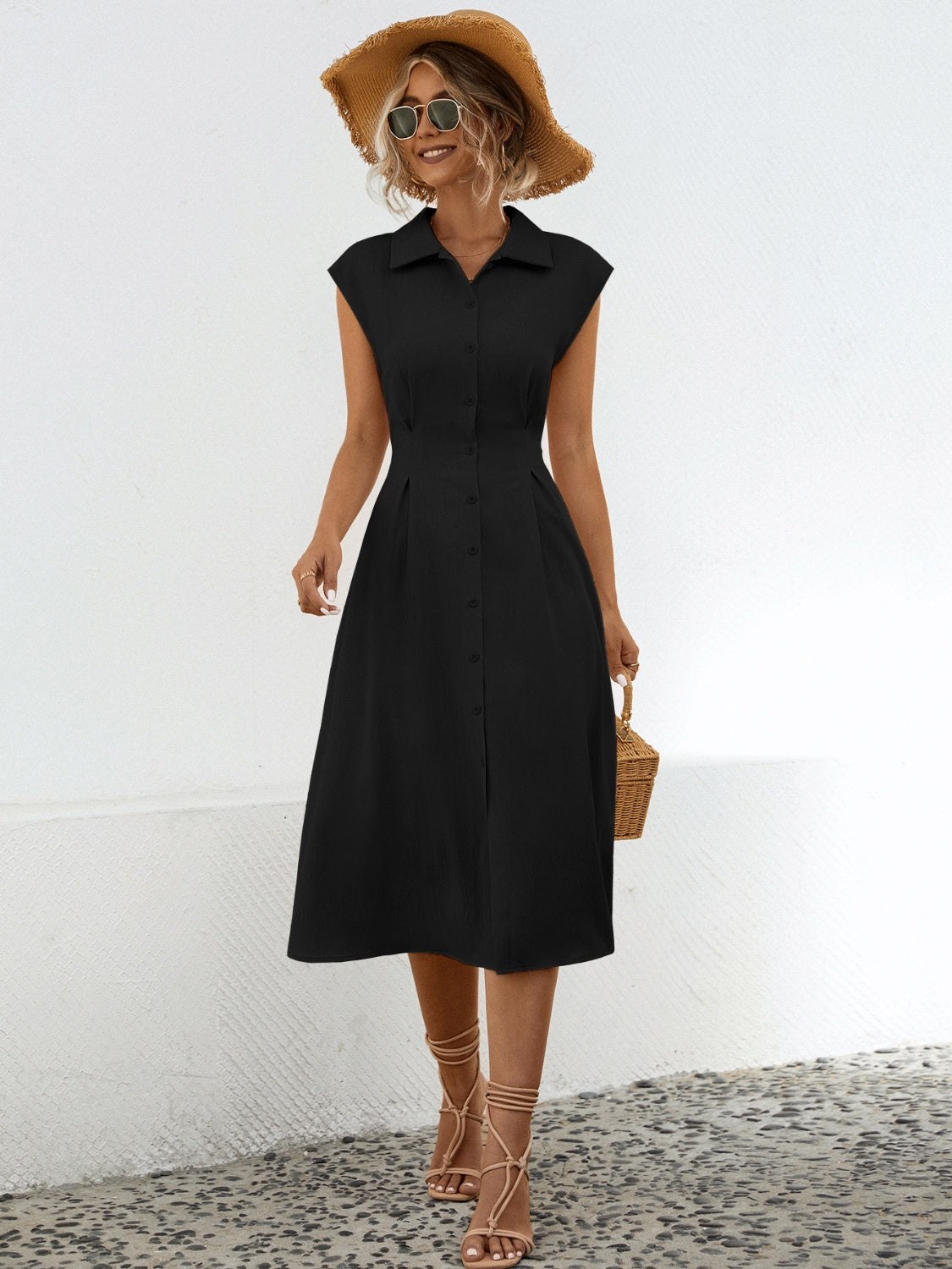 Button Up Cap Sleeve Midi Dress - Flyclothing LLC