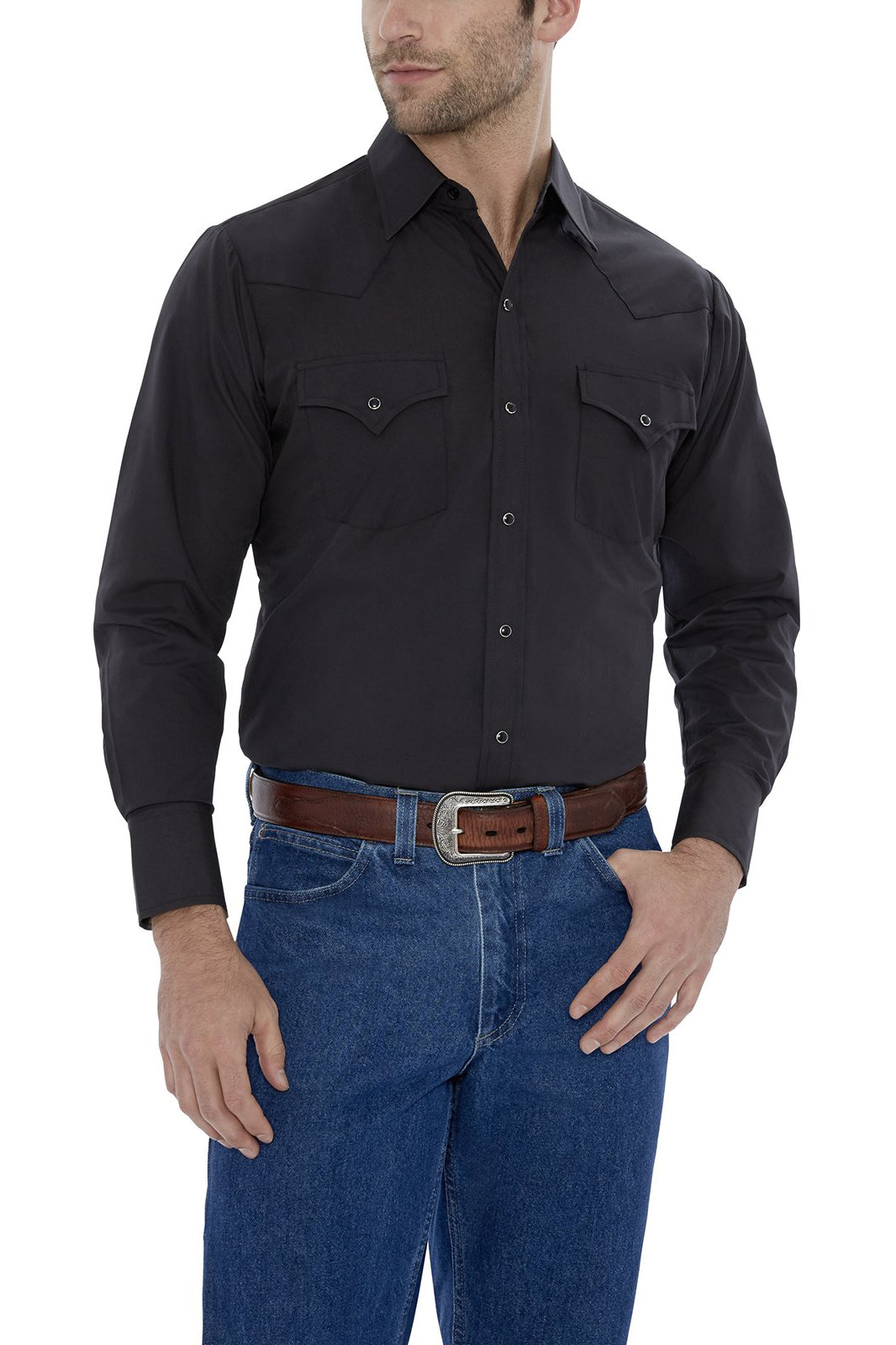 Camisa lisa negra de manga larga con botones a presión para hombre Ely Cattleman 