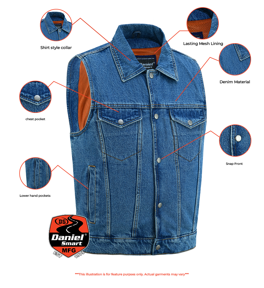 DM970BU Snap Front Denim Vest- Blue Daniel Smart Manufacturing