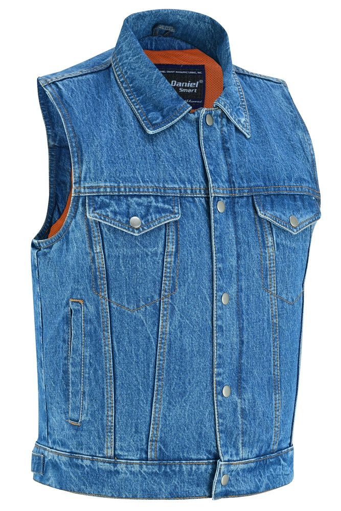 DM979BU Snap/Zipper Front Denim Vest- Blue Daniel Smart Manufacturing