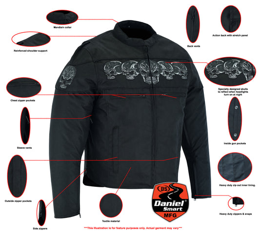 DS600 Men's Textile Scooter Style Jacket w/ Reflective Skulls Daniel Smart Manufacturing