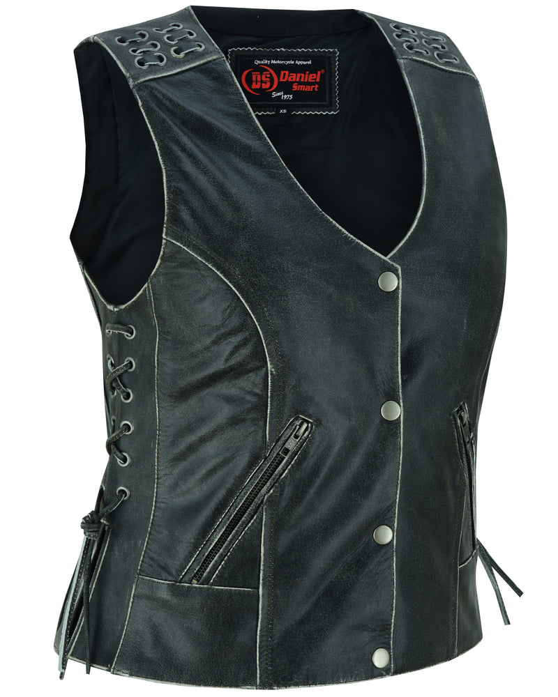 DS285V Women's Gray Vest with Grommet and Lacing Accents Daniel Smart Manufacturing