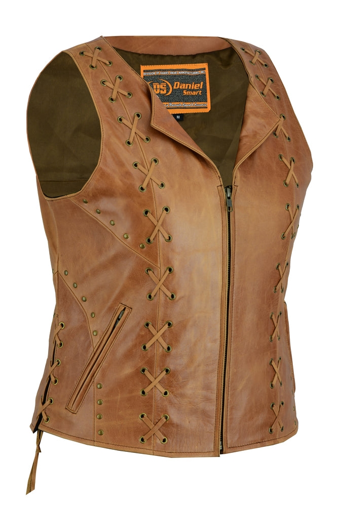 DS236 Women's Brown Zippered Vest with Lacing Details Daniel Smart Manufacturing