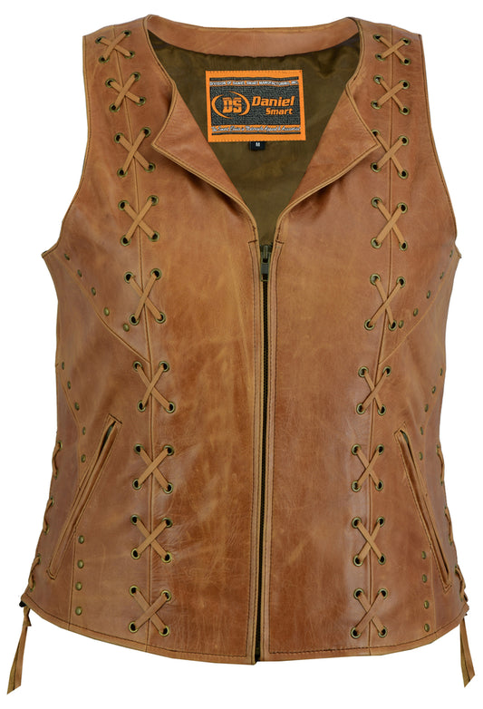 DS236 Women's Brown Zippered Vest with Lacing Details Daniel Smart Manufacturing