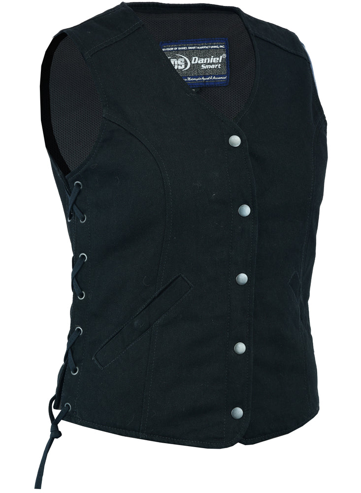 DM908 Women's Denim Longer Body Vest - Side Laces Daniel Smart Manufacturing