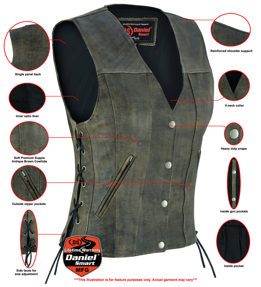 DS207 Women's Antique Brown Single Back Panel Concealed Carry Vest Daniel Smart Manufacturing