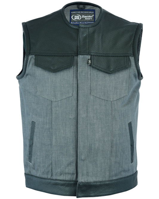 DM934 Men's Perforated Leather/Denim Combo Vest (Black/ Ash Gray) Daniel Smart Manufacturing